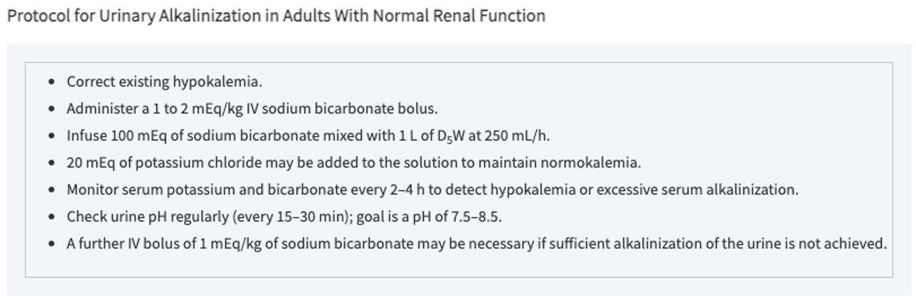 <ul><li><p>Goal </p><ul><li><p>Urine pH > 7.5</p></li><li><p>Urine output 3-6 mL/kg/hr </p></li></ul></li><li><p>Use IV NaHCO3 </p><ul><li><p>Ion trapping prevents renal reabsorption of acidic poisons (salicylates) </p></li></ul></li><li><p>Contraindications </p><ul><li><p>CHF</p></li><li><p>Renal failure</p></li><li><p>Cerebral edema </p></li></ul></li><li><p>Monitor </p><ul><li><p>Acid-base </p></li><li><p>Fluids </p></li><li><p>Electrolytes </p></li></ul></li></ul><p></p>