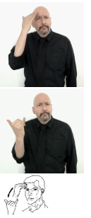 <p>touch temple with dom hand fingertips and move outward to the letter “y”</p>