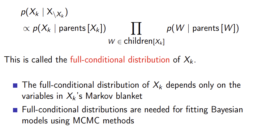 <p>$$P\left(X_{k}|X_{\backslash X_{k}}\right)\propto P(X)=\prod_{i=1}^{K}P(X_{i}|\text{parents}[X_{i}])$$ (factorisation theorem)</p><p>$$P(X_{i}|\text{parents}[X_{i}]$$ is constant with regards to $$X_k$$ if $$X_k$$ is neither $$X_i$$ or a parent of $$X_i$$</p><p>So $$P(X_k | X_{\backslash X_k}) \propto P(X_k | \text{parents}[X_k]) \prod_{w\in children[X_k]} P(w|\text{parents}[w])$$ </p><p></p>