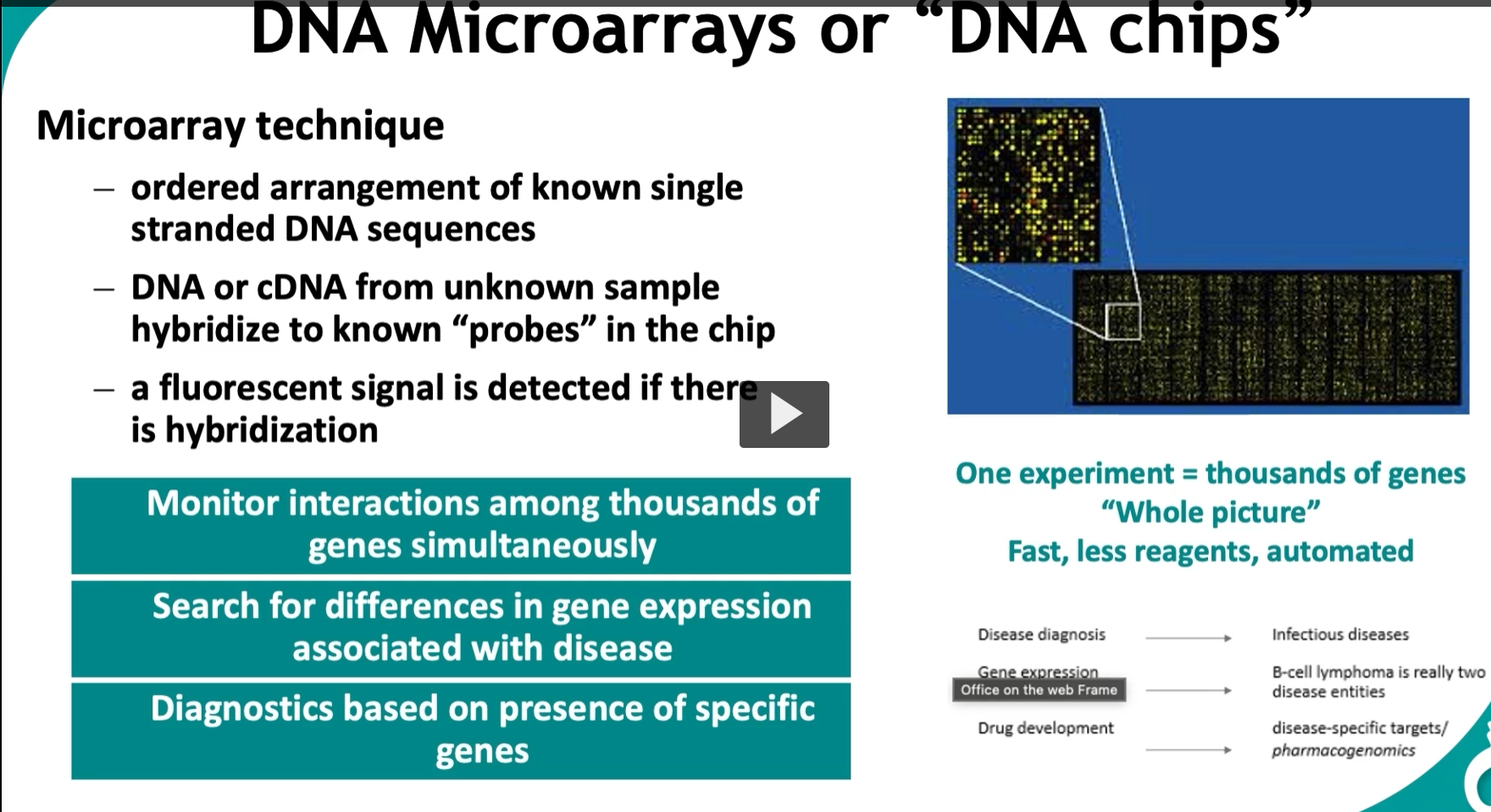 <p>This slide is about <strong>DNA microarrays (“DNA chips”)</strong>, which let you <strong>analyze thousands of genes at once</strong>. It’s a big step up from single-gene methods.</p><div data-type="horizontalRule"><hr></div><p> <span data-name="dna" data-type="emoji">🧬</span> Big Idea </p><figure data-type="blockquoteFigure"><div><blockquote><p><strong>Microarrays = test many genes simultaneously by hybridization to known DNA probes on a chip.</strong></p></blockquote><figcaption></figcaption></div></figure><p><span data-name="point_right" data-type="emoji">👉</span> Think:<br><strong>“Thousands of probes on a chip → your sample binds → glowing pattern tells the story.”</strong></p><div data-type="horizontalRule"><hr></div><p> <span data-name="microscope" data-type="emoji">🔬</span> How the microarray works (step-by-step) 1. <strong>Chip contains known DNA probes</strong></p><ul><li><p>The chip has <strong>thousands of spots</strong></p></li><li><p>Each spot = a <strong>known single-stranded DNA sequence</strong> (a gene or part of a gene)</p></li></ul><p><span data-name="point_right" data-type="emoji">👉</span> Like:</p><figure data-type="blockquoteFigure"><div><blockquote><p>A grid of “questions” (each probe asks: <em>is this gene present or expressed?</em>)</p></blockquote><figcaption></figcaption></div></figure><div data-type="horizontalRule"><hr></div><p>2. <strong>Sample DNA or cDNA is added</strong></p><ul><li><p>From an unknown sample:</p><ul><li><p>DNA → for gene presence</p></li><li><p><strong>cDNA → for gene expression</strong> (most important use)</p></li></ul></li></ul><p><span data-name="point_right" data-type="emoji">👉</span> cDNA is made from mRNA → reflects which genes are active</p><div data-type="horizontalRule"><hr></div><p>3. <strong>Hybridization occurs</strong></p><ul><li><p>If your sample contains a matching sequence → it <strong>binds (hybridizes)</strong> to that spot</p></li></ul><p><span data-name="point_right" data-type="emoji">👉</span> Specific binding = sequence match</p><div data-type="horizontalRule"><hr></div><p>4. <strong>Fluorescent signal detection</strong></p><ul><li><p>Sample is labeled with a fluorescent dye</p></li><li><p>Where binding occurs → <strong>spot glows</strong></p></li></ul><p><span data-name="point_right" data-type="emoji">👉</span> Brightness = amount of gene expression (or abundance)</p><div data-type="horizontalRule"><hr></div><p> <span data-name="bar_chart" data-type="emoji">📊</span> What you get (the image on right) </p><ul><li><p>A grid of colored dots:</p><ul><li><p><strong>Bright = high expression</strong></p></li><li><p><strong>Dim = low expression</strong></p></li><li><p><strong>No signal = not expressed</strong></p></li></ul></li></ul><p><span data-name="point_right" data-type="emoji">👉</span> This gives a <strong>global snapshot of gene activity</strong></p><div data-type="horizontalRule"><hr></div><p> <span data-name="brain" data-type="emoji">🧠</span> What makes this powerful <span data-name="small_blue_diamond" data-type="emoji">🔹</span> “One experiment = thousands of genes” </p><ul><li><p>Instead of testing 1 gene → test <strong>entire genome patterns</strong></p></li></ul><div data-type="horizontalRule"><hr></div><p> <span data-name="small_blue_diamond" data-type="emoji">🔹</span> “Whole picture” </p><ul><li><p>You see <strong>how genes interact</strong></p></li><li><p>Not just “on/off” → but patterns</p></li></ul><div data-type="horizontalRule"><hr></div><p> <span data-name="microscope" data-type="emoji">🔬</span> Applications (from slide) 1. <strong>Gene expression analysis</strong></p><ul><li><p>Compare:</p><ul><li><p>healthy vs diseased tissue</p></li></ul></li><li><p>Example:</p><ul><li><p>cancer vs normal cells</p></li></ul></li></ul><p><span data-name="point_right" data-type="emoji">👉</span> Can reveal:</p><figure data-type="blockquoteFigure"><div><blockquote><p>Which genes are turned ON or OFF in disease</p></blockquote><figcaption></figcaption></div></figure><div data-type="horizontalRule"><hr></div><p>2. <strong>Disease diagnosis</strong></p><ul><li><p>Detect:</p><ul><li><p>infectious agents</p></li><li><p>genetic signatures</p></li></ul></li></ul><div data-type="horizontalRule"><hr></div><p>3. <strong>Cancer classification</strong></p><ul><li><p>Example from slide:</p><ul><li><p>B-cell lymphoma → actually <strong>two different diseases</strong> based on gene expression</p></li></ul></li></ul><p><span data-name="point_right" data-type="emoji">👉</span> Same appearance, different molecular behavior</p><div data-type="horizontalRule"><hr></div><p>4. <strong>Drug development</strong></p><ul><li><p>Identify:</p><ul><li><p>disease-specific pathways</p></li><li><p>drug targets</p></li></ul></li><li><p>Pharmacogenomics:</p><ul><li><p>how patients respond differently to drugs</p></li></ul></li></ul><div data-type="horizontalRule"><hr></div><p> <span data-name="jigsaw" data-type="emoji">🧩</span> Key conceptual connection </p><figure data-type="blockquoteFigure"><div><blockquote><p>Microarrays don’t just tell you <em>what is there</em> → they tell you <em>what is active</em>.</p></blockquote><figcaption></figcaption></div></figure><div data-type="horizontalRule"><hr></div><p> <span data-name="fire" data-type="emoji">🔥</span> High-yield summary </p><figure data-type="blockquoteFigure"><div><blockquote><p>DNA microarrays use thousands of immobilized DNA probes to detect gene presence or expression via fluorescent hybridization, enabling large-scale analysis of gene activity in a single experiment.</p></blockquote><figcaption></figcaption></div></figure><div data-type="horizontalRule"><hr></div><p> <span data-name="brain" data-type="emoji">🧠</span> Simple mental model </p><ul><li><p>Chip = <strong>thousands of locks</strong></p></li><li><p>Sample DNA = <strong>keys</strong></p></li><li><p>Binding = <strong>correct key fits lock</strong></p></li><li><p>Fluorescence = <strong>light turns on when match happens</strong></p></li></ul><p></p>