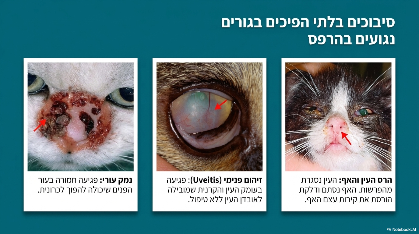 <ul><li><p><strong>סימני נשימה:</strong> בתחילת התהליך מופיעים סימני מערכת נשימה עליונה הכוללים <strong>עיטושים, חרחור ושיעול</strong>. המחלה עלולה להפוך למחלה <strong>חסימתית וממיתה</strong>, ובגילאים מבוגרים להוביל ל<strong>ברונכיטיס כרוני</strong>. במצבים קשים נפגעים גם איברי הגרון ומתפתחת <strong>דלקת ריאות</strong>.</p></li><li><p><strong>סימני עיניים:</strong> הפרשות קשות מהעיניים, פגיעה בעפעפיים ובקרנית ופגיעה עמוקה.</p></li><li><p><strong>סימני פה:</strong> הופעה של <strong>כיבי פה</strong>.</p></li><li><p><strong>סימני עור:</strong> פגיעה בעור הפנים שיכולה להפוך ל<strong>דלקת עור כרונית</strong> עד גיל מאוחר <em>(כמוצג באיור 5 המציג נמק וגלדים קשים באזור האף)</em>.</p></li><li><p><strong>סימנים מערכתיים:</strong> חוסר תיאבון קשה ואף מוות</p></li></ul><p></p>
