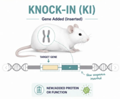 <p>-gene added! (inserted)</p><p>--a new or modified sequence is inserted -- like a GFP reporter, a specific mutation, or a humanized gene version</p><p>--used for gain-of-function or reporter/tagging studies</p>