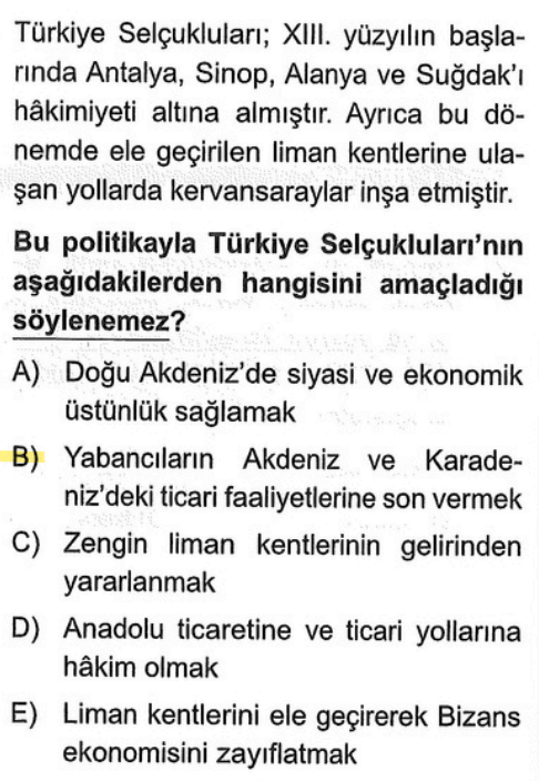 <p>Selçuklular tam tersine ticareti canlandırmak için yabancılara düşük gümrük tarifesi ve sigorta sistemi uygulamıştır. Amaç yabancıyı kovmak değil, onları Selçuklu limanlarına çekmektir.</p>