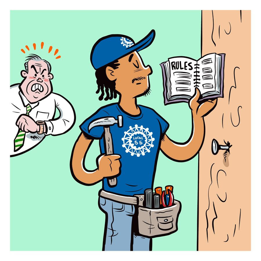 <p><strong>to arrange and perform a work-to-rule:</strong></p><p><span><em>So far, the refuse collectors have not resorted to a strike but are working to rule.</em></span></p><p>→ làm việc theo quy định một cách tuyệt đối </p>