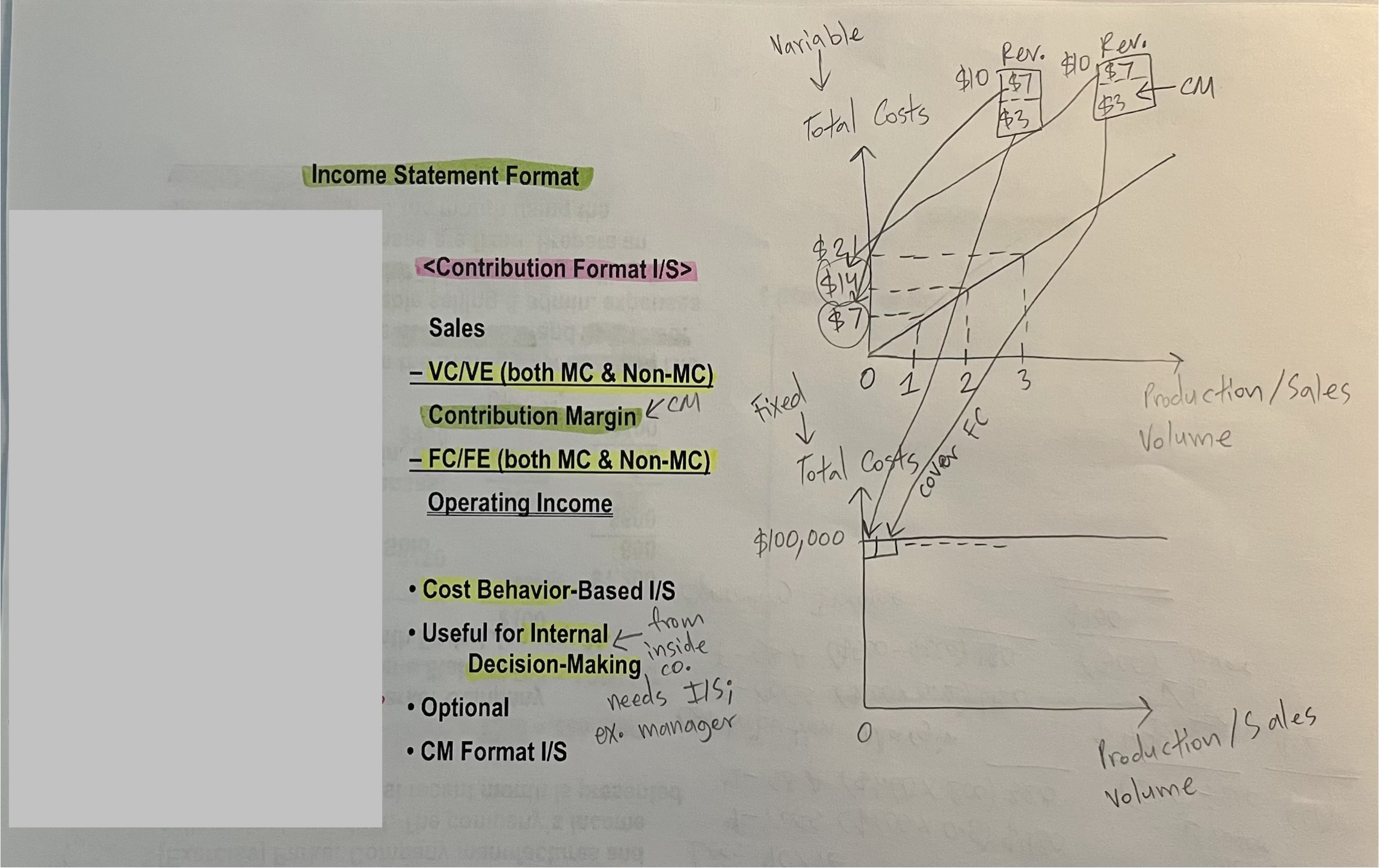 <p>classifies costs by <strong><u>behavior </u></strong>(i.e., variable vs. fixed).</p><p>→ <strong>Cost behavior</strong>-based; Good for <strong><em>internal </em></strong>decision-making (e.g., planning &amp; control); <strong>Optional </strong>(does not follows GAAP), CM (contribution margin) format I/S</p>