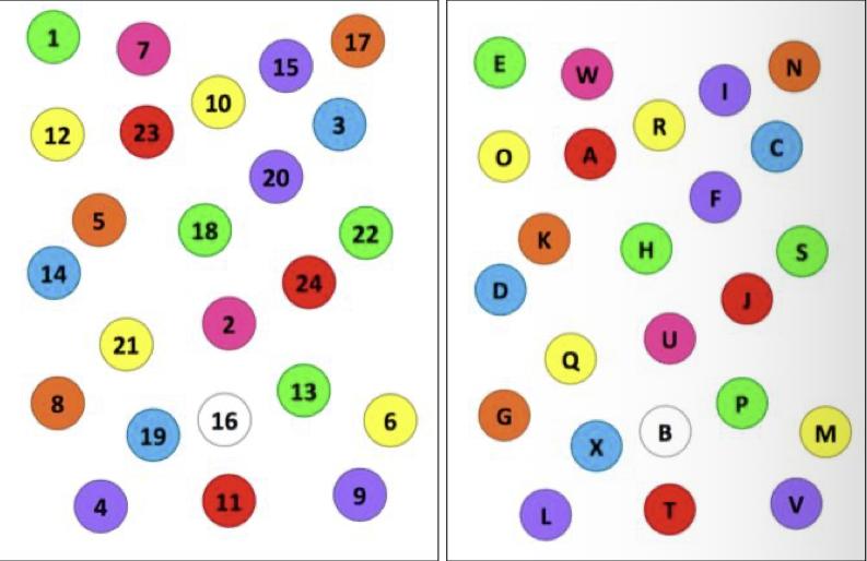 <ul><li><p><span>Stand in front of a wall</span></p></li><li><p class="p1"><span>Place a # sheet and a letter sheet on wall</span></p></li><li><p class="p1"><span>Find &amp; touch the letters &amp; numbers in order (A-1, B-2, C-3)</span></p></li></ul><p></p>