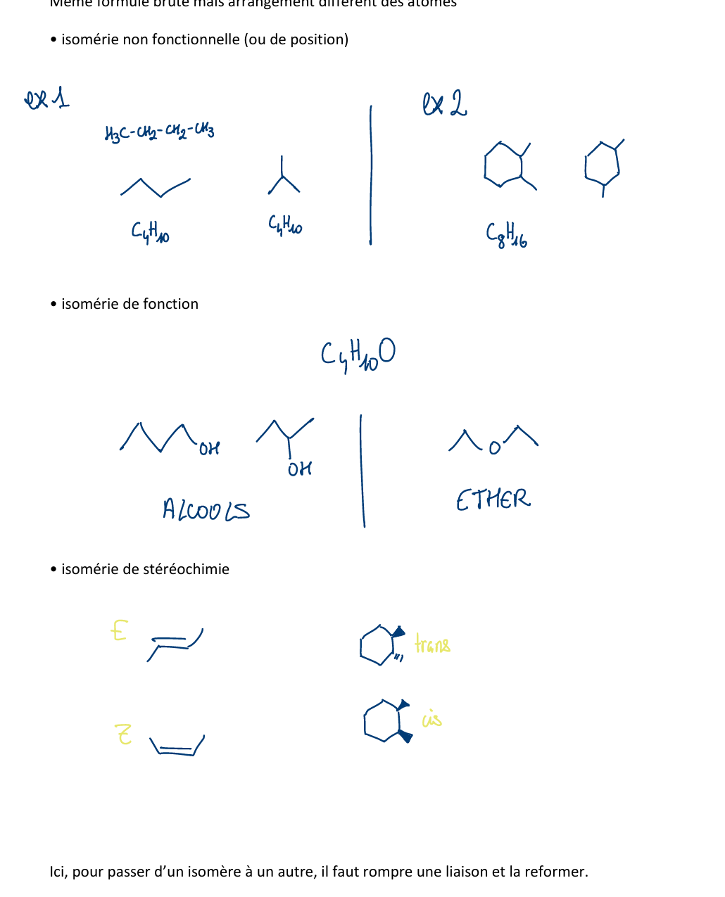 <p>meme formule brute, arrangement different des atomes</p><p>Dans cas d’isomérie de stéréochimie, pour passer d’un isomère à un autre, il faut rompre une liaison et la reformer.</p>