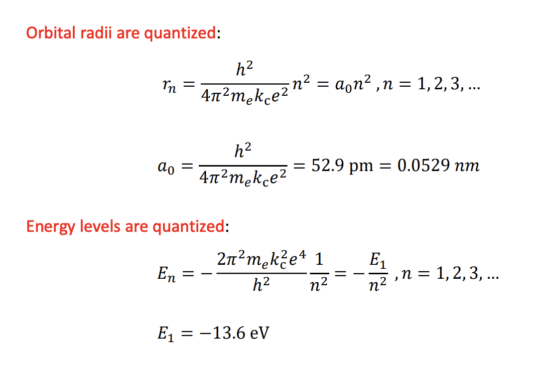 <p>-a0=Bohr Radius=0.0529nm=r1 (*smallest orbit; doesn’t increase linearly)</p><p>-The Bohr Model correctly explains the properties of the electron in the hydrogen atom on average (*varies based on where electron is and radii; reality=not perfect circle and actually electron cloud with probability to be in certain places)</p>