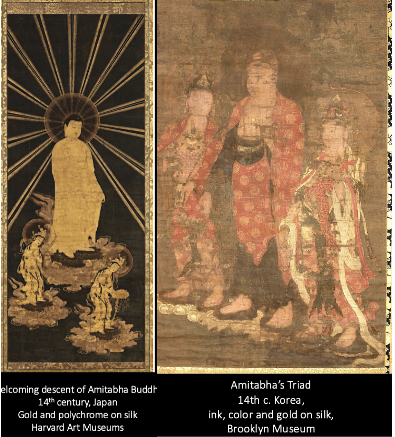 <ul><li><p><strong>Tangut Kingdom, Khara Khoto</strong></p></li><li><p><span style="background-color: transparent;">Non-esoteric bc people are floating around, no figures have multiple hands or heads</span></p></li><li><p><span style="background-color: transparent;">2 bodhisattvas both have little baby who will jump on lotus</span></p></li><li><p><span style="background-color: transparent;"><strong>Devotee is the Tangut male in bottom left corner</strong></span></p><ul><li><p><span style="background-color: transparent;"><strong>Smoke coming off his head→ this turns him into small baby→ baby will jump onto lotus flower→ from there baby will go up to pure land in the west</strong></span></p></li></ul></li><li><p><span style="background-color: transparent;">This image was also discovered in Japan</span></p><ul><li><p><span style="background-color: transparent;">Difference between these two pieces: the figures are facing different directions&nbsp;</span></p><ul><li><p><span style="background-color: transparent;">Japan facing our right, Tangut facing our left&nbsp;</span></p><ul><li><p><span style="background-color: transparent;">Poses directional questions</span></p></li></ul></li></ul></li></ul></li><li><p><span style="background-color: transparent;">Also discovered in Korea</span></p><ul><li><p><span style="background-color: transparent;">These bodhisattvas are facing same direction of Tangut</span></p></li><li><p><span style="background-color: transparent;">Tangut painting (11-12th century), Korean and Japanese (13-14th century)</span></p><ul><li><p><span style="background-color: transparent;">No paintings like this were found in Song Dynasty China</span></p></li></ul></li></ul></li></ul><p></p>