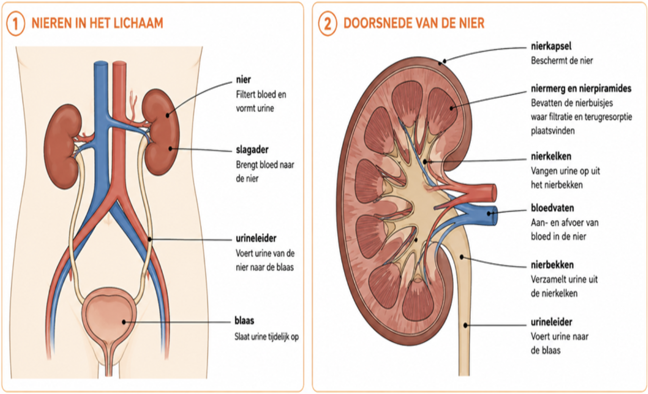 <ul><li><p>glomeruli → waar filtratieproces plaatsvindt, maakt 200L urine pd</p></li><li><p>arteriolae → reguleren de hoeveelheid bloed dat door de glomeruli gaan</p></li><li><p>tubuli → vocht- en elektrolytenhuishouding</p></li><li><p>urinewegen → afvoer urine </p></li></ul><p></p>