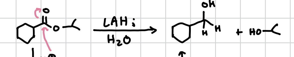 <p>Will remove the oxygen group and turn the carbonyl into an alcohol. </p><p>Reagents: LAH; H2O</p>
