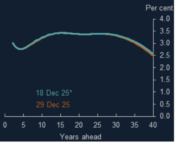 <p>The instantaneous implied inflation forward curve (market inflation expectations):</p>