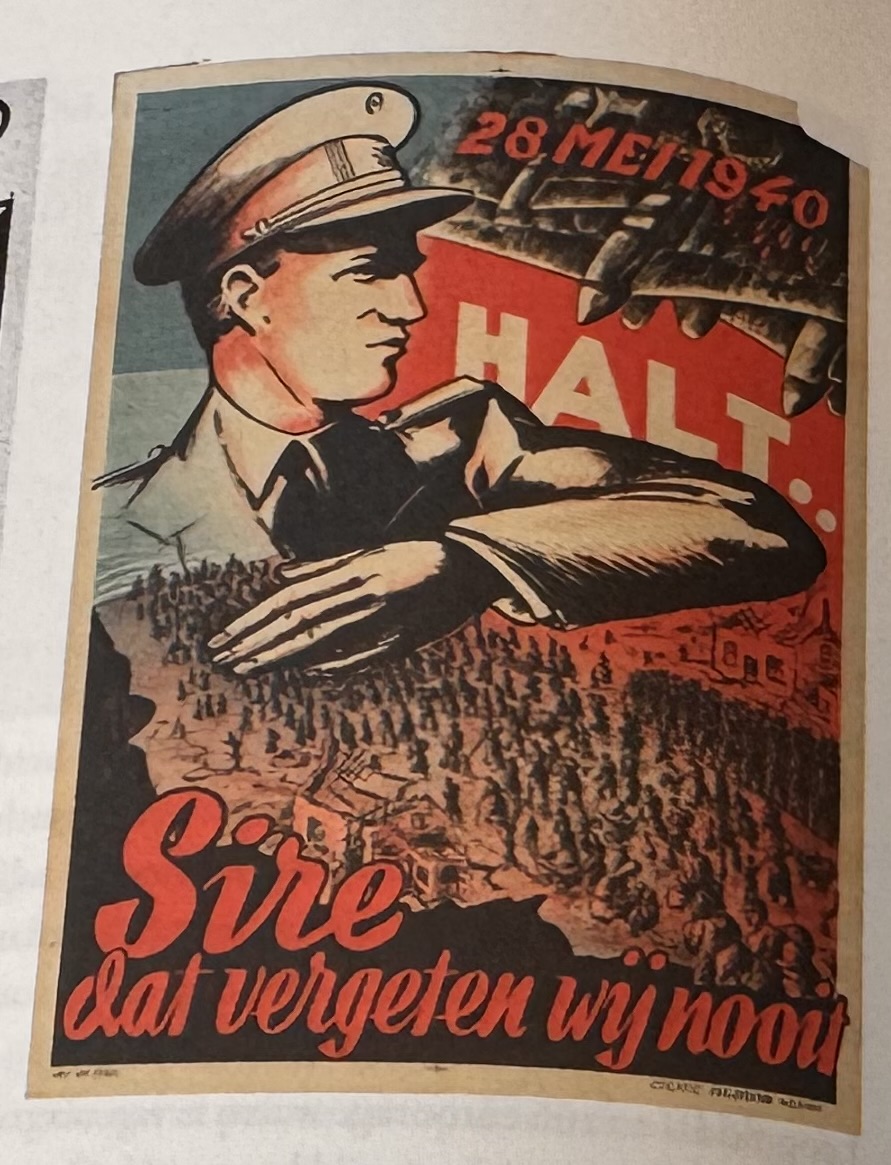 <p>[Zie afbeelding: affiche '28 mei 1940 — Sire, dat vergeten wij nooit'] Wat toont dit affiche? </p>