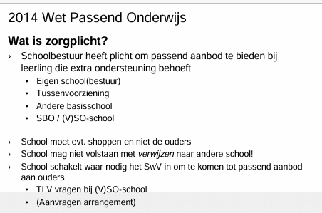 <p>Als een leerling schriftelijk is aangemeld, heeft een school zorgplicht. Als een school geen passende ondersteuning kan bieden moeten zij binnen het samenwerkingsverband een passende plek voor de leerling vinden. Schriftelijke aanmelding is dus de start van de zorgplicht. Ook moet een school een ondersteuningsprofiel opstellen waarin staat vermeld welke ondersteuningsbehoeftes zij kunnen begeleiden.<br>Niet geldend bij: Dus bij geen plek meer op school (school is vol), of ouders weigeren de grondslag van de school (bijv. door geloofsovertuiging) of als een leerling als niet geschikt wordt bevonden (vastgesteld door onderwijskundig rapport)</p>