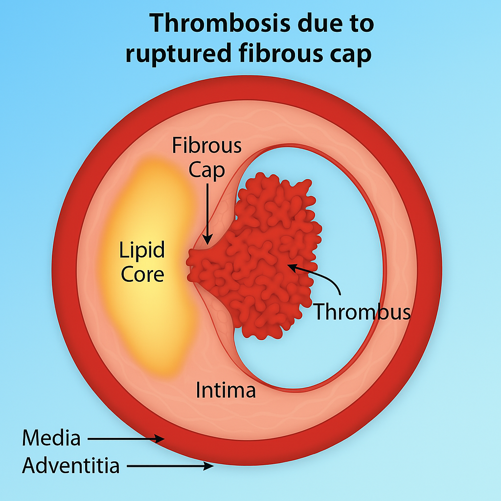 <ul><li><p>plaque rupture</p><ul><li><p>protective cap over an atherosclerotic plaque ruptures → blood clot forms to try to heal it →occludes the entire lumen</p></li></ul></li><li><p>spasm</p><ul><li><p>muscle severely constricts → blood cannot pass through</p></li></ul></li><li><p>inflammation</p><ul><li><p>damage</p></li></ul></li></ul><p></p>