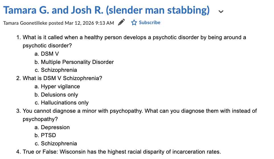 <p><span data-name="check_mark_button" data-type="emoji">✅</span> <strong>None of the above — Conduct Disorder (often with CU traits specifier).</strong><br><strong>Options:</strong></p><ul><li><p>A) Depression <span data-name="cross_mark" data-type="emoji">❌</span></p></li><li><p>B) PTSD <span data-name="cross_mark" data-type="emoji">❌</span></p></li><li><p>C) Schizophrenia <span data-name="cross_mark" data-type="emoji">❌</span><br><strong>Why:</strong> In juvenile-forensic contexts, the closest clinical diagnosis is <strong>Conduct Disorder</strong>, sometimes noting <strong>callous-unemotional traits</strong> (DSM-5 specifier). (Your options omit the correct one.)</p></li></ul><p>Conduct Disorder with CU traits. </p><p></p>