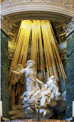 <p><strong>Ecstasy of St. Teresa of Avila</strong></p><ul><li><p>enraptured; angel about to puncuterher with spear</p></li><li><p>twisted columns</p></li><li><p>bronze rods extend downward, imitating light</p></li><li><p>sexxual symbolism</p></li><li><p>express personal relationship with God (Protestant motto against Catholics)</p></li></ul><p></p>