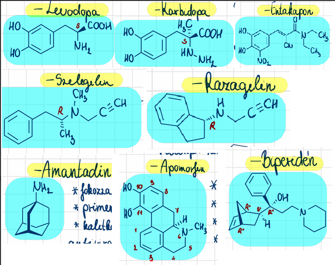 <p>levodopa <br>karbidopa <br>amantadin (Viregyt-K) <br>szelegilin <br>razagilin (Azilect) <br>biperidén (Akineton) <br>apomorfin (Dacepton) <br>entakapon (Comtan)</p>