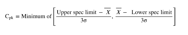 <p>Determines whether a process meets specifications based on the distance between the process mean and the nearest specification limit</p><ul><li><p>A <u>capable</u> process must have a C<sub>pk</sub> of <strong>at least 1.0</strong></p></li><li><p>A capable process is not necessarily in the center of the specification, but falls within the limit at both extremes</p></li></ul><p></p>