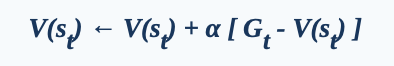 <p>Wait until absolute termination of an episode to compute exact realized empirical return G<sub>t</sub> and update values. Updates are unbiased but have high variance.<br>V(s<sub>t</sub>) ← V(s<sub>t</sub>) + α[G<sub>t</sub> - V(s<sub>t</sub>)] <br>Requires unfeasible assumption of Exploring Starts.</p>