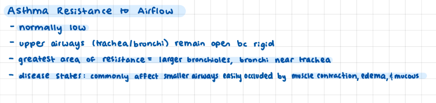 <p>usually airflow resistance at larger bronchioles near bronchi</p><p>alveoli / distal bronchioles not effected</p><p>during periods of disease state smaller bronchioles effected bc muscle constrict/mucous easier to effect </p>