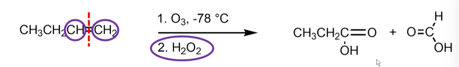 <p>1 and <strong>ONLY 1 </strong>of those extra H’s is replaced with an -OH. (carboxylic acid)</p><ul><li><p>If there is NO extra H’s you get the same product as in ozonolysis with H2O and Zn or DMS</p></li></ul><p></p>