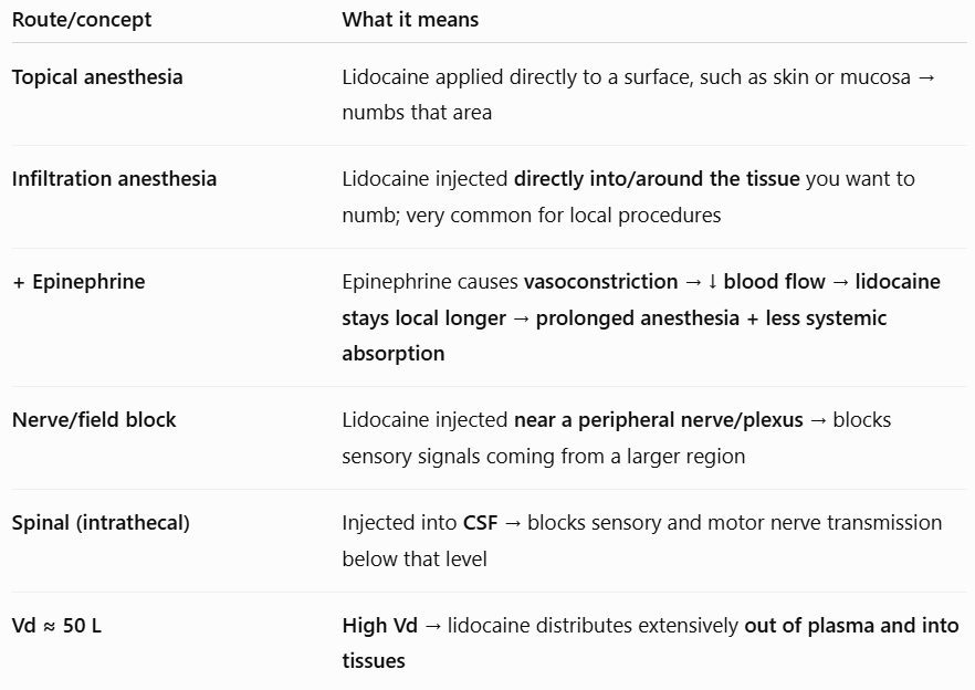 <ul><li><p>Topical anesthesia </p></li><li><p>Infiltration anesthesia — the most common route for local anesthetics – Epinephrine can be added to decrease dose and prolong duration of action </p></li><li><p>Nerve block / field block anesthesia — blocks conductivity of sensory nerves from an area; injected into or adjacent to a peripheral nerve or plexus </p></li><li><p>Spinal (intrathecal) anesthesia — blocks somatosensory and motor fibers, e.g., for lower-limb or pelvic surgery </p></li><li><p>Volume of distribution: ~50 L</p></li></ul><p></p>