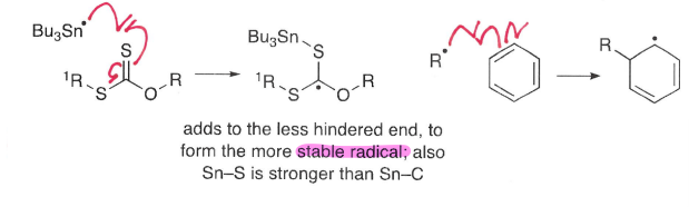 <p>Radicals can add to unsaturated bonds such as C=N, C≡N, C=O, C=S and benzene rings.</p><ul><li><p>The radical adds to least hindered end.</p></li></ul><p></p>