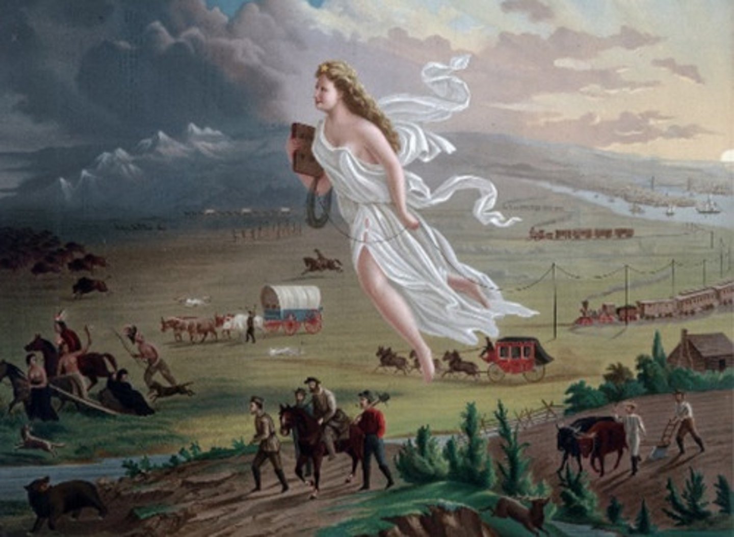 <p>Manifest desitiny, carrying school book and phone line</p>