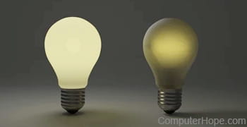 <p>What are these adjectives?</p><p></p><p>The light bulb on the left is ______.</p><p>The light bulb on the right is ______.</p>