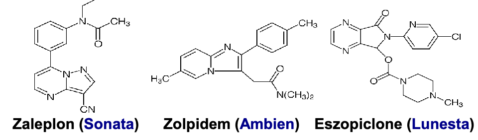 <ul><li><p>zaleplon</p></li></ul><ul><li><p>zolpidem</p></li><li><p>eszopiclone</p></li></ul><p>show rapid onset of action due to being very lipophilic, rapid absorption and then rapid onset of action</p>
