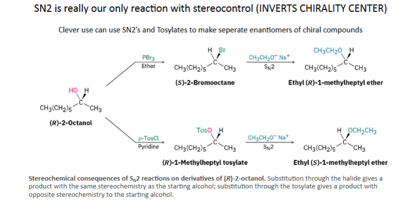 <p>An SN2 will cause an inversion in tosylaters (Question also about backside attacks and e1 e1 sn1 sn2)</p>
