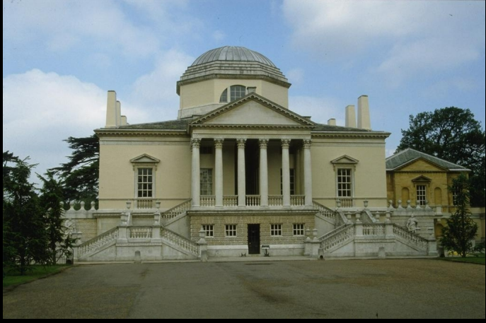<p>This is a form of palladian ideals with symmetry and strict proportions creating this house. It is non-picturewsqur in the way that it is so perfectly formed, going against the pictureqsue ideals of the time where asymmetry was idealized</p>