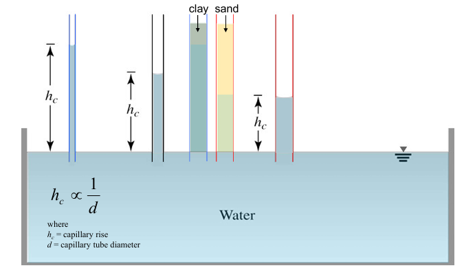 <p>h<sub>c</sub> is proportional to 1/d</p><p>h<sub>c</sub> = capillary rise</p><p>d = capillary tube diameter</p><p></p><ul><li><p>due to capillary pore pressure (becomes negative above water level)</p></li></ul><p></p>
