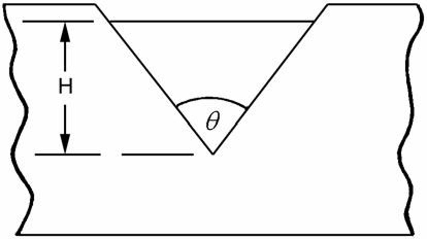 <p>Q = 2.635 × H^2.5 × tan(θ), where Q is the flow rate, H is the height of fluid, and θ is the angle of the notch.</p>