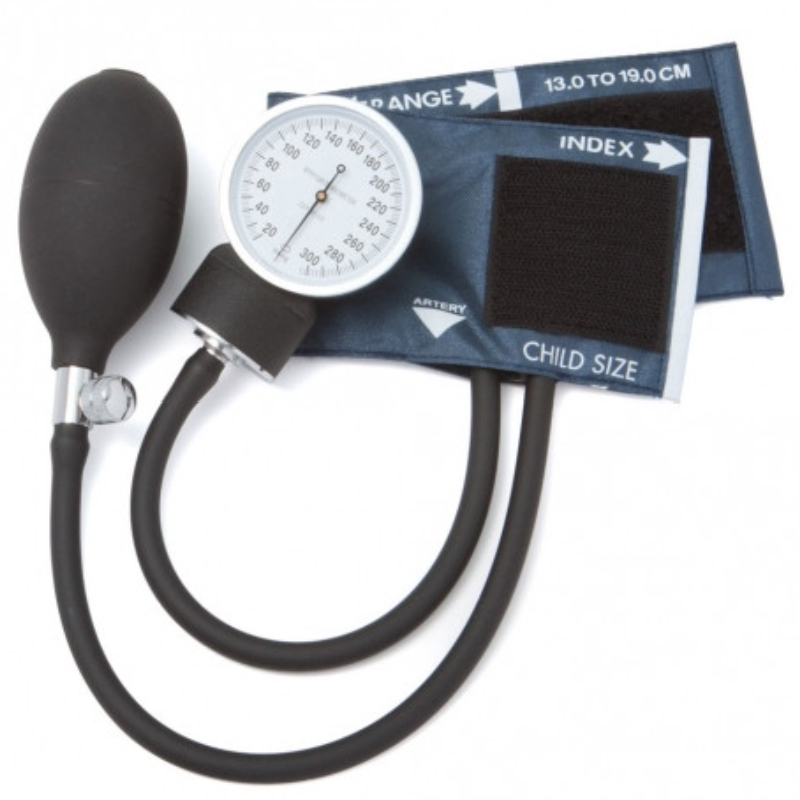 <p>a blood pressure monitor consisting of an inflatable arm cuff, an inflation bulb, and pressure gauge</p>