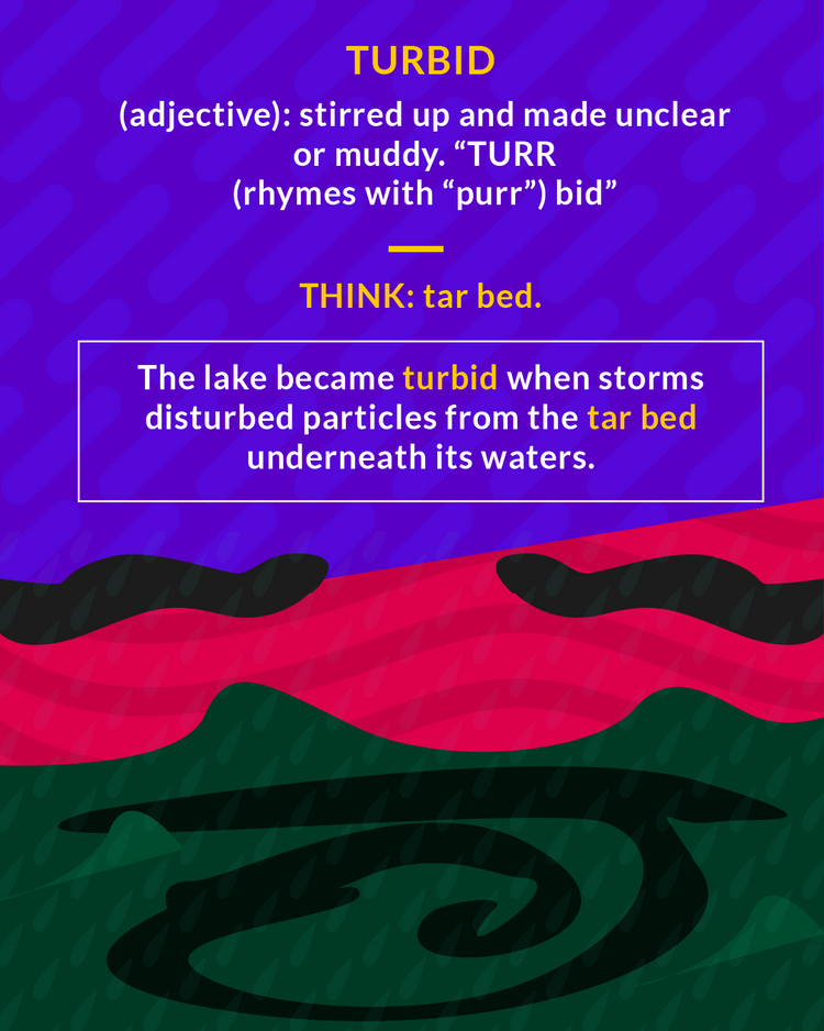 <p>cloudy, muddy; in a state of turmoil</p><ol><li><p>(adj.) muddy</p></li><li><p>(adj.) stirred up and made unclear</p></li></ol><p></p>