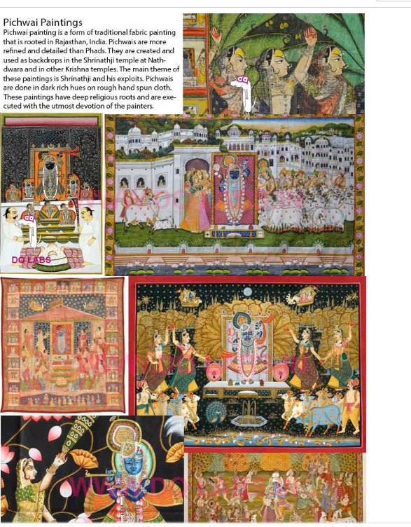 <p>A form of traditional fabric painting thats rooted in Rajasthan. Pichwais are more refined and detailed than Phads, created and used as backdrops in the Shrinathji temple and in other krishna temples. Main theme of these painting is Shrinathji and his explots. Done in dark rich hues on rough hand spun cloth. </p>