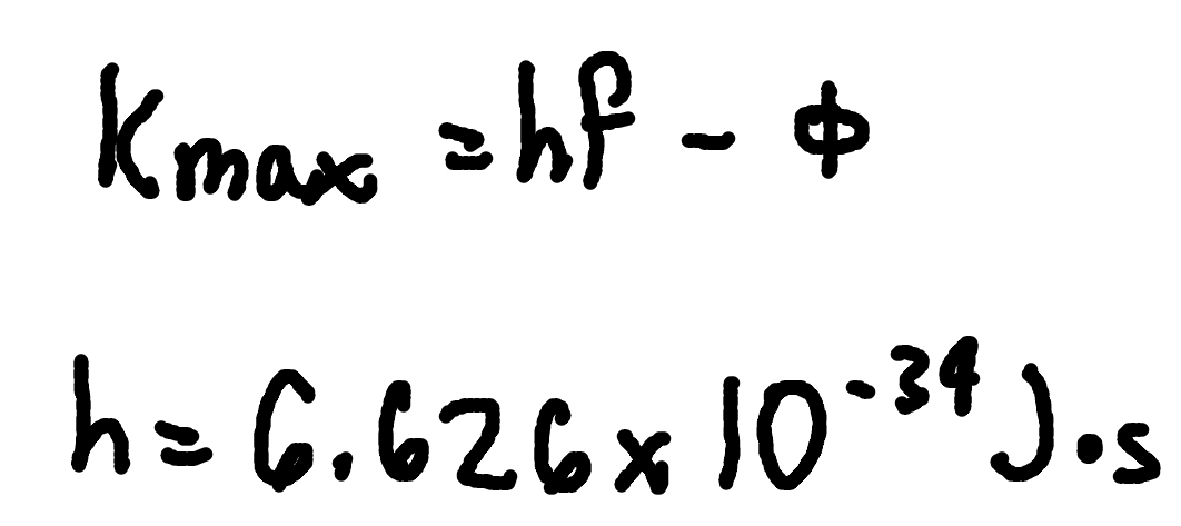 <p>where <span>Kmax = max electron kinetic energy, </span></p><p><span>ϕ = work function, </span></p><p><span>f = frequency.</span></p><p>h = Planck’s Constant (6.626 × 10^-34 J x s)</p>