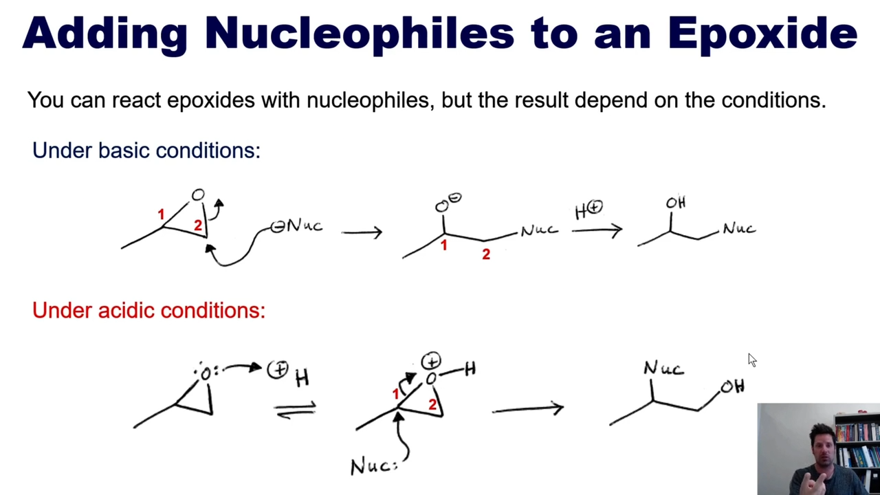 <p>The exception here is that the electrophile (the epoxide) grabs a H+, becoming positive. The nucleophile then comes in at the most substituted carbon.THIS IS ANTI</p>