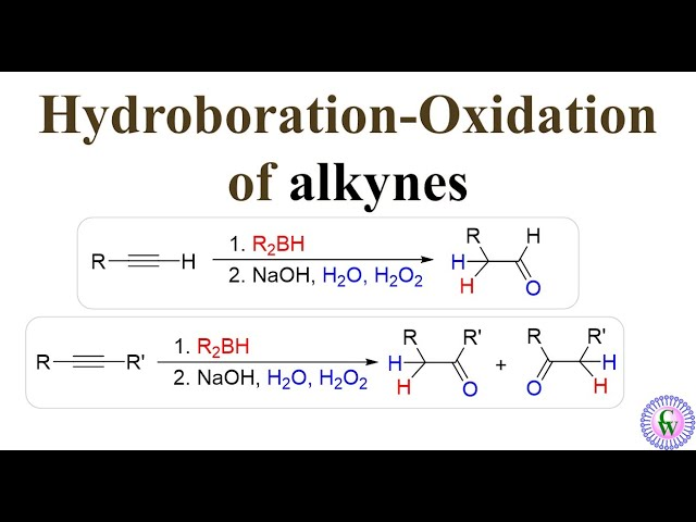 <p>2 step process, a terminal alkyne uses R2BH/9-BBN, THF then H2O2, NaOH then tautomerization to produce an alcohol- anti-mark regio-specificity and syn stereo-selectivity</p>