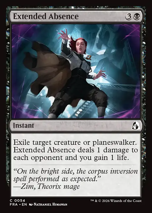 <p><span>Exile target creature or planeswalker. Extended Absence deals 1 damage to each opponent and you gain 1 life.</span></p>