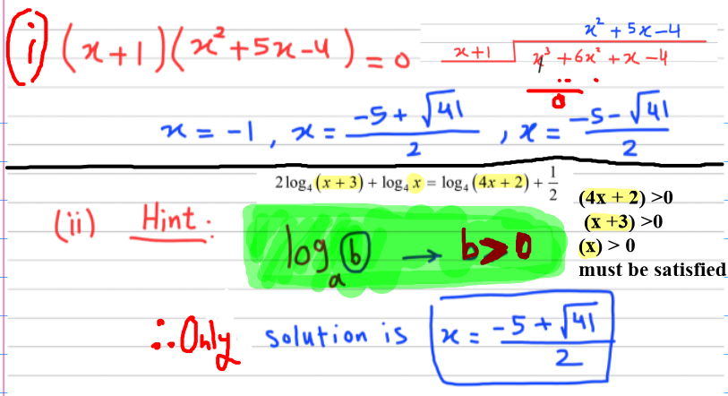 <p>NOTE: </p><ul><li><p>for <strong>log<sub>a</sub>(b) → b > 0</strong></p></li><li><p><strong>for log sums, always make sure the solution is valid </strong>(like it doesn’t give math error in caclulator)</p></li></ul><p><br>(btw even tho negative number like -1 is fine for log<sub>4</sub>(-1 + 3), however the other logs give math error, so the overall equation becomes invalid)</p>