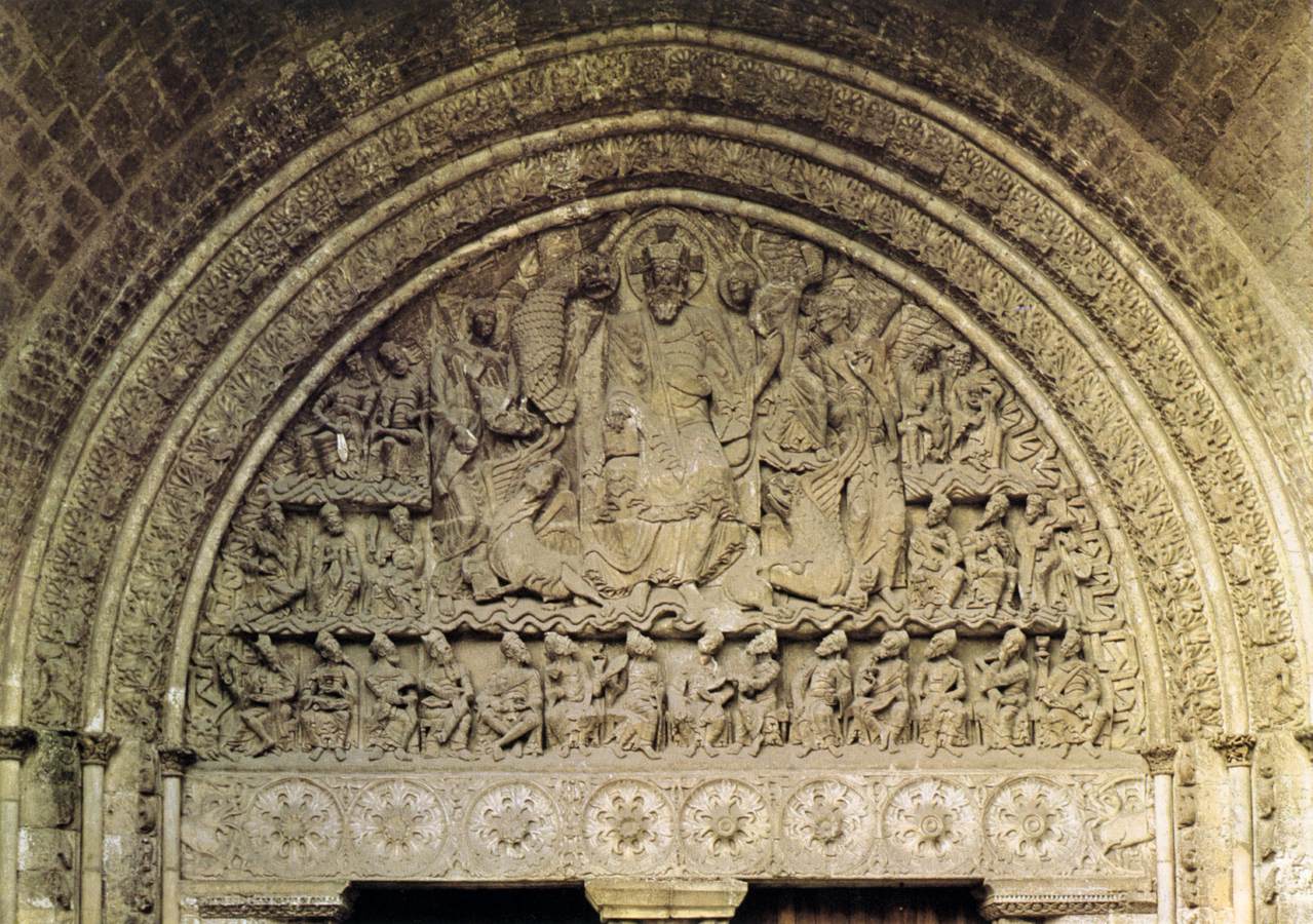 <p>A prominent Romanesque sculpture depicting Christ seated in glory, often framed by angels and saints, located in the church of Saint Pierre in Moissac, France. This work is notable for its detailed iconography and elaborate drapery, characteristic of the period. The sculpture illustrates Christ surrounded by the symbols of the Four Evangelists, emphasizing His divine authority and the importance of the Gospel. </p>