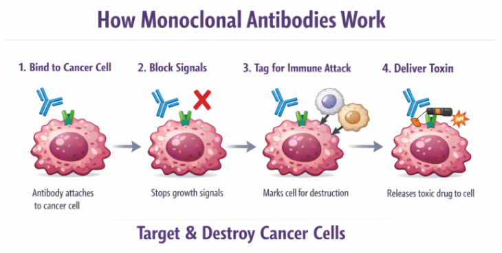 <ol><li><p><span style="background-color: transparent;">Recognise and attach to <strong>one specific antigen</strong> on cancer cells </span></p></li><li><p><span style="background-color: transparent;">Block growth signals on the receptor of cancer cells preventing them from receiving growth signals</span></p></li><li><p><span style="background-color: transparent;">Marks the cancer cell for our immune system to attack and destroy the cell </span></p></li><li><p><span style="background-color: transparent;">Some antibodies carry the drug directly to the cancer cell which reduces damage to normal cells</span></p></li></ol><p></p>