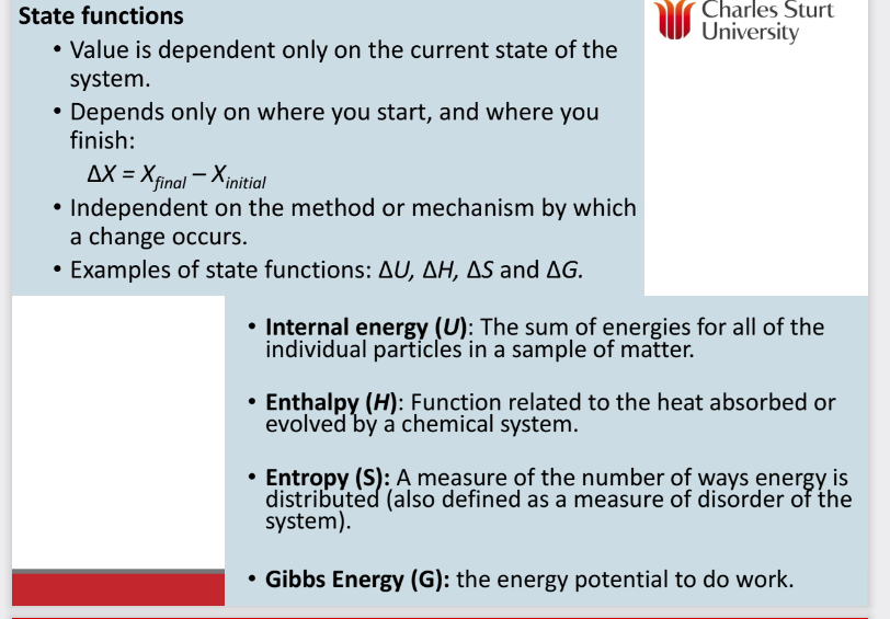<p>Properties independent of how a state is prepared, are the functions of variables that define the current state of a system (pressure, volume, temperature)</p><p>They are properties the state possesses </p>