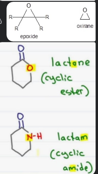 <ol><li><p>Cycloalkane</p></li><li><p>Cycloalkene</p></li><li><p>Cyclo ether (oxirane, epoxide)</p></li><li><p>Cyclo ester (lactone)</p></li><li><p>Cyclo amide (lactam)</p></li></ol><p></p>