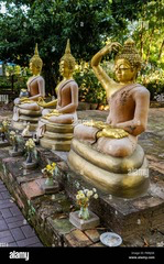 <p>A teacher displays several sculptures of the Buddha with different hand positions known as mudras. What is the primary purpose of Buddhist mudras?</p>
