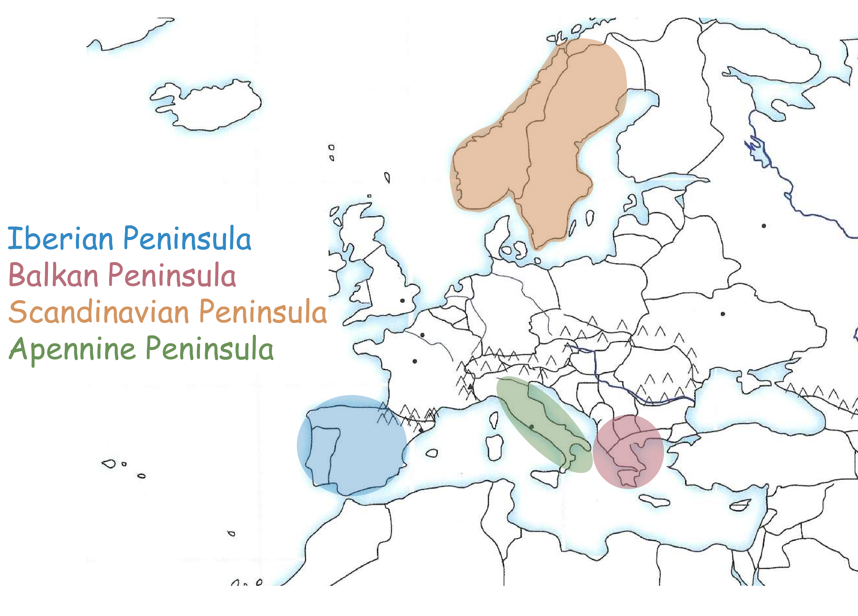 <p><mark data-color="blue" style="background-color: blue; color: inherit;">Iberian Peninsula</mark></p><p><mark data-color="red" style="background-color: red; color: inherit;">Balkan Peninsula</mark></p><p><mark data-color="#edb27f" style="background-color: rgb(237, 178, 127); color: inherit;">Scandinavian Peninsula</mark></p><p><mark data-color="#65f444" style="background-color: rgb(101, 244, 68); color: inherit;">Apennine Peninsula</mark></p>