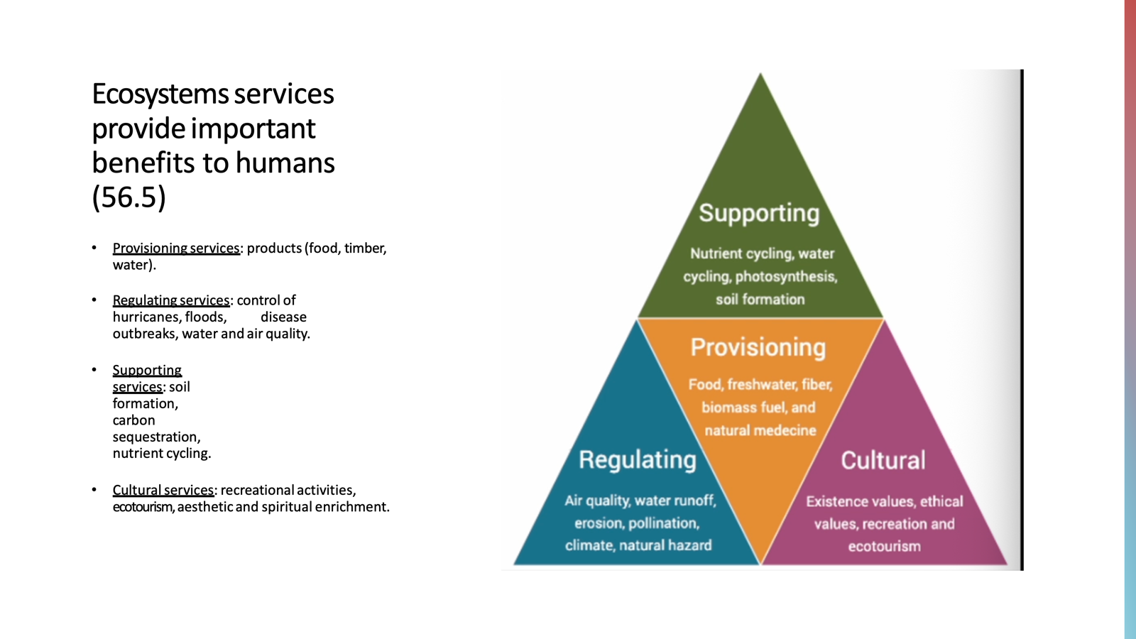 <p><span style="color: rgb(0, 0, 0);">&nbsp;</span></p><table style="min-width: 75px;"><colgroup><col style="min-width: 25px;"><col style="min-width: 25px;"><col style="min-width: 25px;"></colgroup><tbody><tr><td colspan="1" rowspan="1" style="width: 100pt; border: 1pt solid rgb(204, 204, 204); background: rgb(208, 232, 208); padding: 4pt 6pt;"><p class="MsoNormal"><span style="color: rgb(0, 0, 0);"><strong>Type of Service</strong></span></p></td><td colspan="1" rowspan="1" style="width: 184pt; border-width: 1pt 1pt 1pt medium; border-style: solid solid solid none; border-color: rgb(204, 204, 204) rgb(204, 204, 204) rgb(204, 204, 204) currentcolor; border-image: initial; background: rgb(208, 232, 208); padding: 4pt 6pt;"><p class="MsoNormal"><span style="color: rgb(0, 0, 0);"><strong>Description</strong></span></p></td><td colspan="1" rowspan="1" style="width: 184pt; border-width: 1pt 1pt 1pt medium; border-style: solid solid solid none; border-color: rgb(204, 204, 204) rgb(204, 204, 204) rgb(204, 204, 204) currentcolor; border-image: initial; background: rgb(208, 232, 208); padding: 4pt 6pt;"><p class="MsoNormal"><span style="color: rgb(0, 0, 0);"><strong>Examples</strong></span></p></td></tr><tr><td colspan="1" rowspan="1" style="width: 100pt; border-width: medium 1pt 1pt; border-style: none solid solid; border-color: currentcolor rgb(204, 204, 204) rgb(204, 204, 204); border-image: initial; background: white; padding: 4pt 6pt;"><p class="MsoNormal"><span style="color: rgb(0, 0, 0);">Provisioning</span></p></td><td colspan="1" rowspan="1" style="width: 184pt; border-width: medium 1pt 1pt medium; border-style: none solid solid none; border-color: currentcolor rgb(204, 204, 204) rgb(204, 204, 204) currentcolor; background: white; padding: 4pt 6pt;"><p class="MsoNormal"><span style="color: rgb(0, 0, 0);">Products obtained from ecosystems</span></p></td><td colspan="1" rowspan="1" style="width: 184pt; border-width: medium 1pt 1pt medium; border-style: none solid solid none; border-color: currentcolor rgb(204, 204, 204) rgb(204, 204, 204) currentcolor; background: white; padding: 4pt 6pt;"><p class="MsoNormal"><span style="color: rgb(0, 0, 0);">Food, timber, fresh water</span></p></td></tr><tr><td colspan="1" rowspan="1" style="width: 100pt; border-width: medium 1pt 1pt; border-style: none solid solid; border-color: currentcolor rgb(204, 204, 204) rgb(204, 204, 204); border-image: initial; background: white; padding: 4pt 6pt;"><p class="MsoNormal"><span style="color: rgb(0, 0, 0);">Regulating</span></p></td><td colspan="1" rowspan="1" style="width: 184pt; border-width: medium 1pt 1pt medium; border-style: none solid solid none; border-color: currentcolor rgb(204, 204, 204) rgb(204, 204, 204) currentcolor; background: white; padding: 4pt 6pt;"><p class="MsoNormal"><span style="color: rgb(0, 0, 0);">Benefits from the regulation of processes</span></p></td><td colspan="1" rowspan="1" style="width: 184pt; border-width: medium 1pt 1pt medium; border-style: none solid solid none; border-color: currentcolor rgb(204, 204, 204) rgb(204, 204, 204) currentcolor; background: white; padding: 4pt 6pt;"><p class="MsoNormal"><span style="color: rgb(0, 0, 0);">Flood/hurricane control, disease control, water and air quality</span></p></td></tr><tr><td colspan="1" rowspan="1" style="width: 100pt; border-width: medium 1pt 1pt; border-style: none solid solid; border-color: currentcolor rgb(204, 204, 204) rgb(204, 204, 204); border-image: initial; background: white; padding: 4pt 6pt;"><p class="MsoNormal"><span style="color: rgb(0, 0, 0);">Supporting</span></p></td><td colspan="1" rowspan="1" style="width: 184pt; border-width: medium 1pt 1pt medium; border-style: none solid solid none; border-color: currentcolor rgb(204, 204, 204) rgb(204, 204, 204) currentcolor; background: white; padding: 4pt 6pt;"><p class="MsoNormal"><span style="color: rgb(0, 0, 0);">Services that support all other ecosystem services</span></p></td><td colspan="1" rowspan="1" style="width: 184pt; border-width: medium 1pt 1pt medium; border-style: none solid solid none; border-color: currentcolor rgb(204, 204, 204) rgb(204, 204, 204) currentcolor; background: white; padding: 4pt 6pt;"><p class="MsoNormal"><span style="color: rgb(0, 0, 0);">Soil formation, carbon sequestration, nutrient cycling</span></p></td></tr><tr><td colspan="1" rowspan="1" style="width: 100pt; border-width: medium 1pt 1pt; border-style: none solid solid; border-color: currentcolor rgb(204, 204, 204) rgb(204, 204, 204); border-image: initial; background: white; padding: 4pt 6pt;"><p class="MsoNormal"><span style="color: rgb(0, 0, 0);">Cultural</span></p></td><td colspan="1" rowspan="1" style="width: 184pt; border-width: medium 1pt 1pt medium; border-style: none solid solid none; border-color: currentcolor rgb(204, 204, 204) rgb(204, 204, 204) currentcolor; background: white; padding: 4pt 6pt;"><p class="MsoNormal"><span style="color: rgb(0, 0, 0);">Non-material benefits</span></p></td><td colspan="1" rowspan="1" style="width: 184pt; border-width: medium 1pt 1pt medium; border-style: none solid solid none; border-color: currentcolor rgb(204, 204, 204) rgb(204, 204, 204) currentcolor; background: white; padding: 4pt 6pt;"><p class="MsoNormal"><span style="color: rgb(0, 0, 0);">Ecotourism, recreation, aesthetic, and spiritual enrichment</span></p></td></tr></tbody></table><p></p>